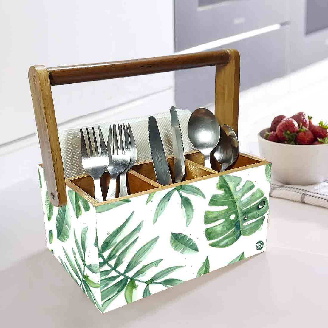 Cutlery Box for Storage Wooden Holder With Handle - Drops Leaves Nutcase