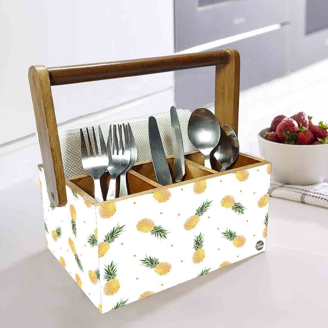 Wooden Cutlery Stand With Napkin Holder Handle for Kitchen Storage - Pineapples Nutcase