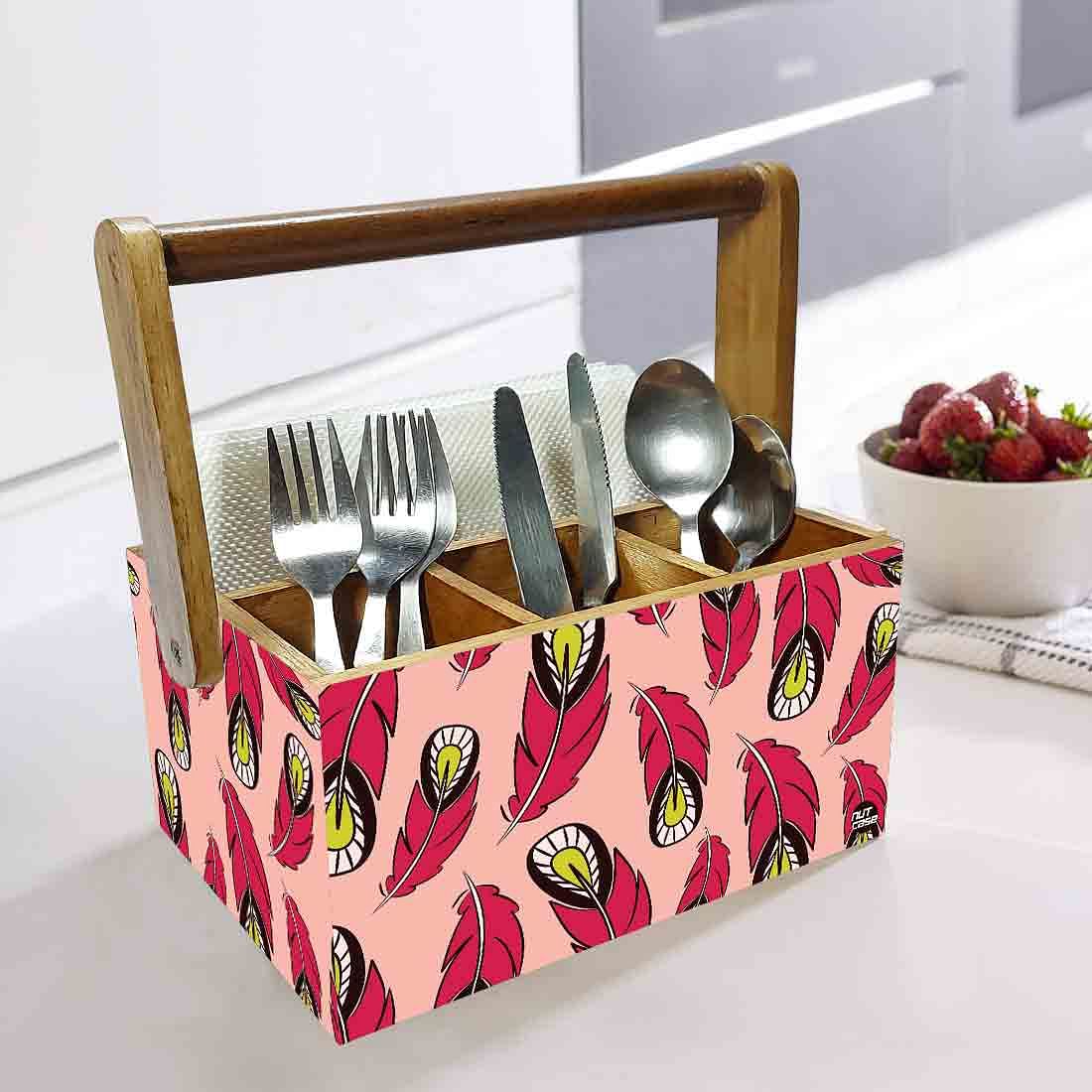 Small Cutlery Holder for Dining Table With Handle - Pink Feathers Nutcase
