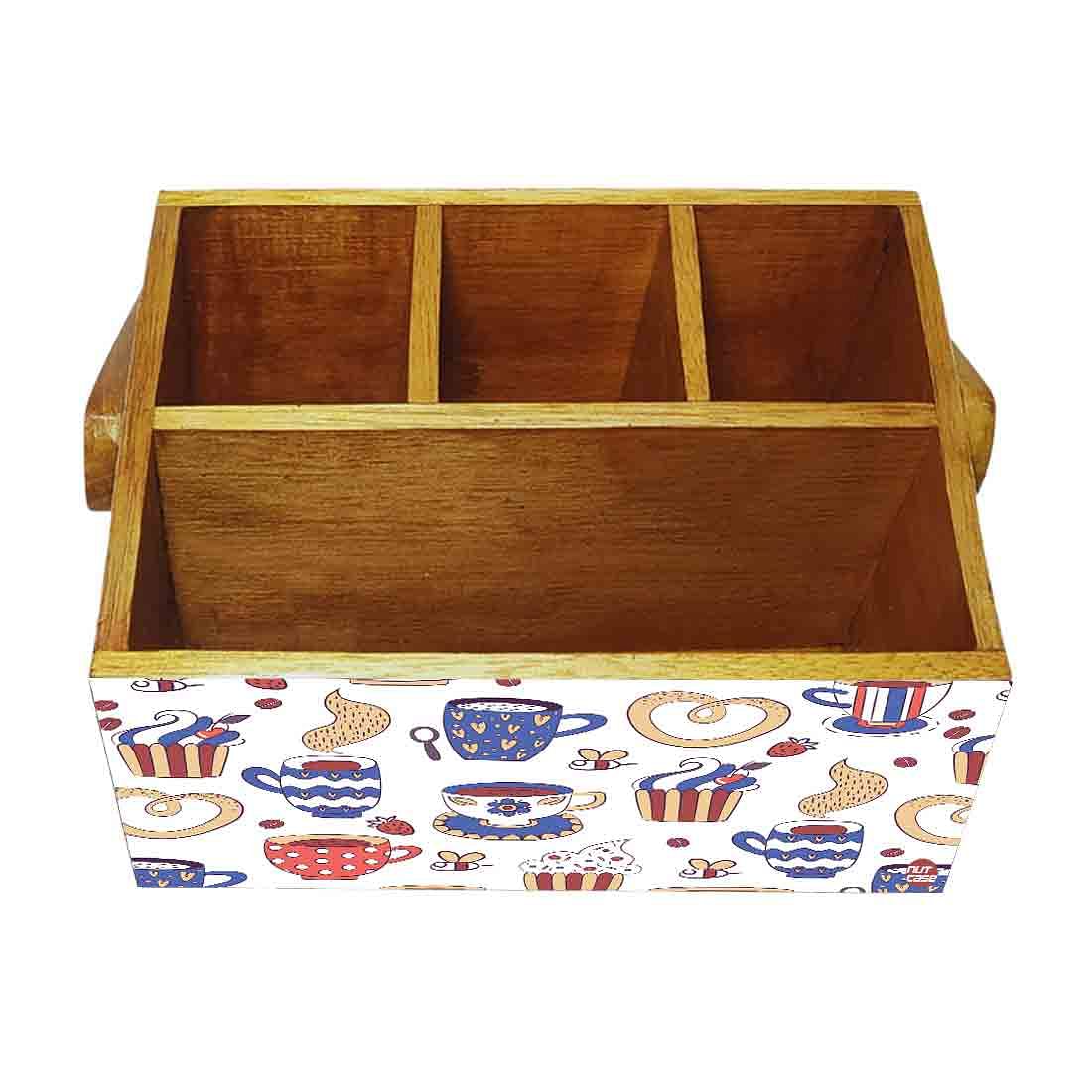 Wooden Cutlery Box for Storage With Handle Spoons Napkin Stand - Tea Cup Nutcase