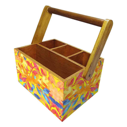 Wooden Silverware Caddy for Restaurant Cutlery Holder With Handle - Yellow Flower Nutcase