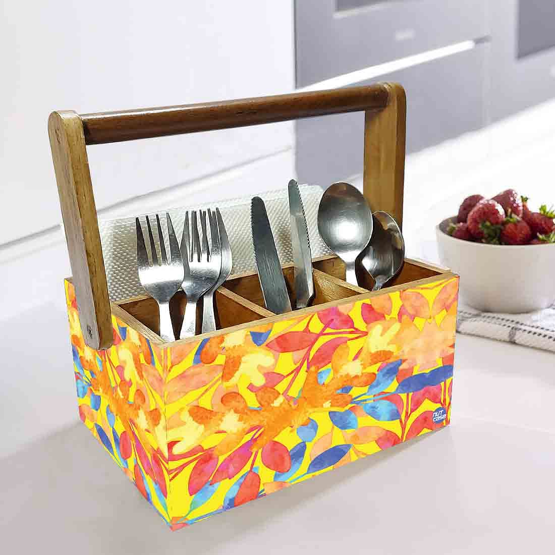 Wooden Silverware Caddy for Restaurant Cutlery Holder With Handle - Yellow Flower Nutcase
