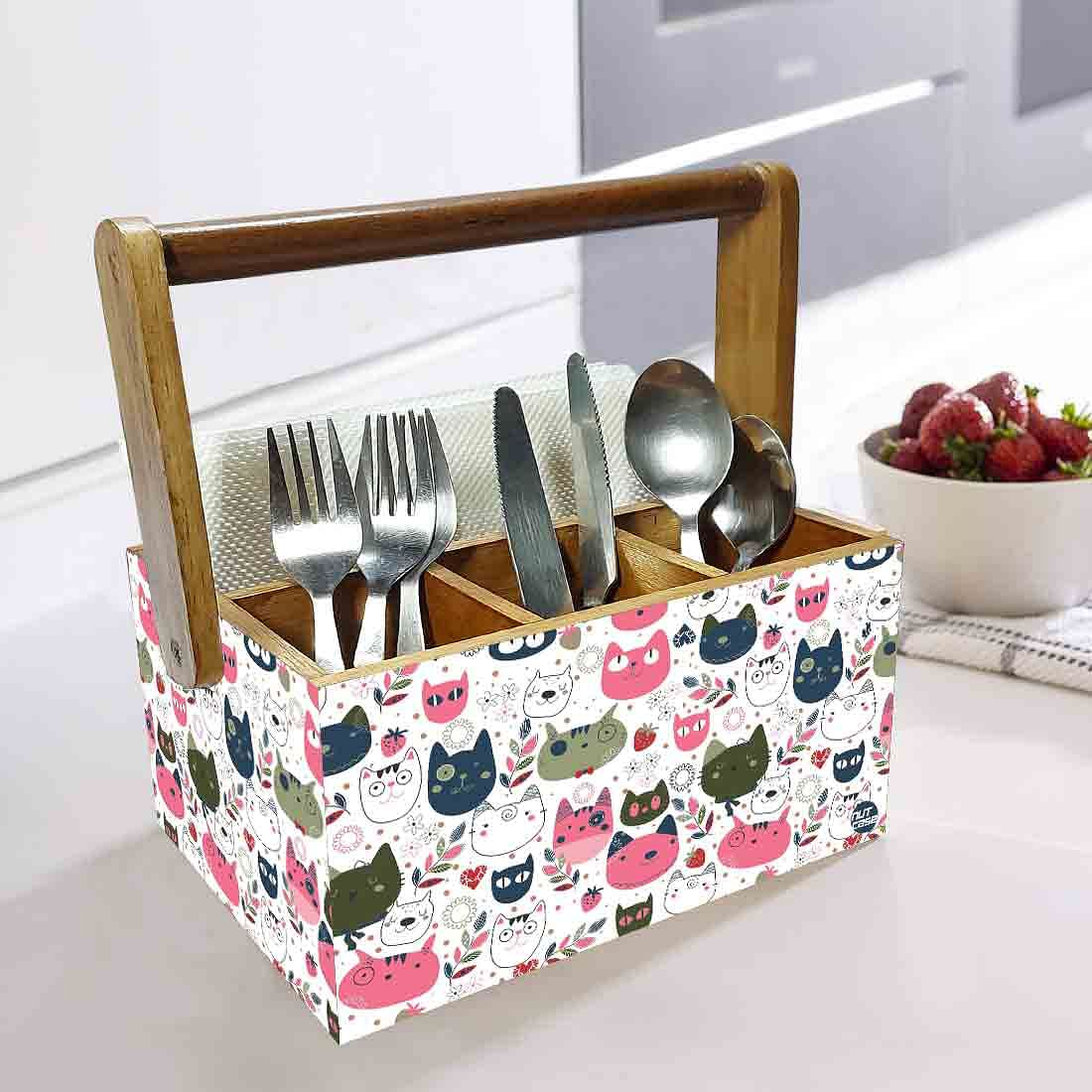 Wooden Spoon Stand for Dining Table Fancy Cutlery Holder With Handle - Cats Nutcase