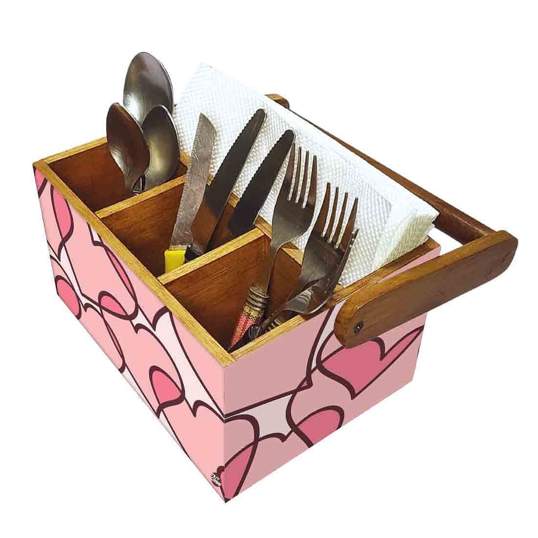 Wooden Cutlery Holder With Handle for Kitchen Storage - Pink Heart Nutcase