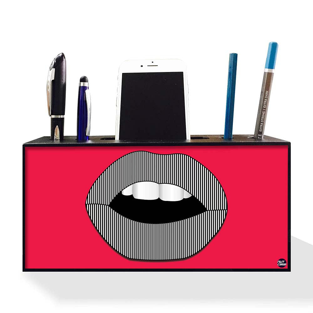 Pen Mobile Stand Holder Desk Organizer - Lips Red Nutcase