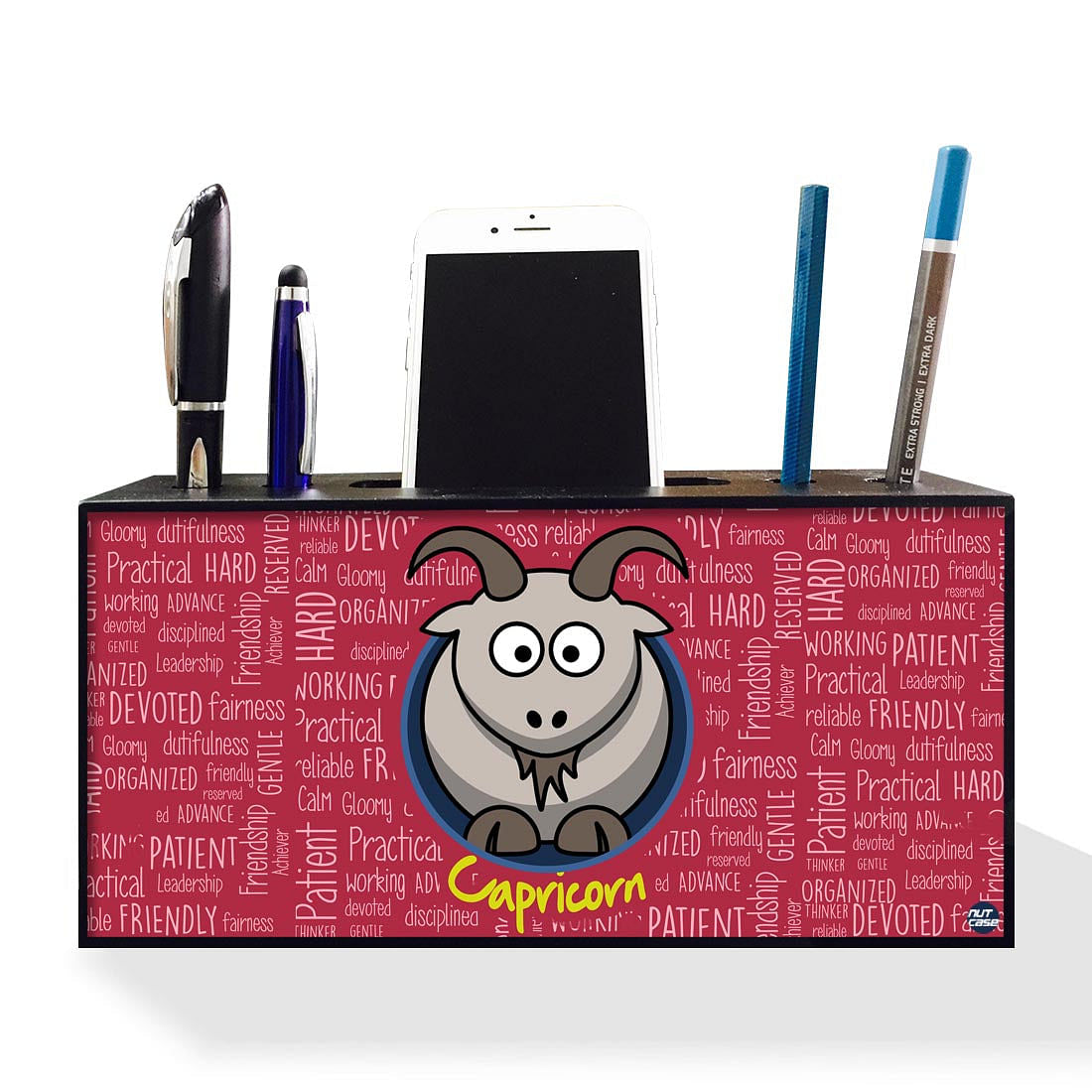 Pen and Mobile Stand Holder Desk Organizer - Capricorn Red Nutcase