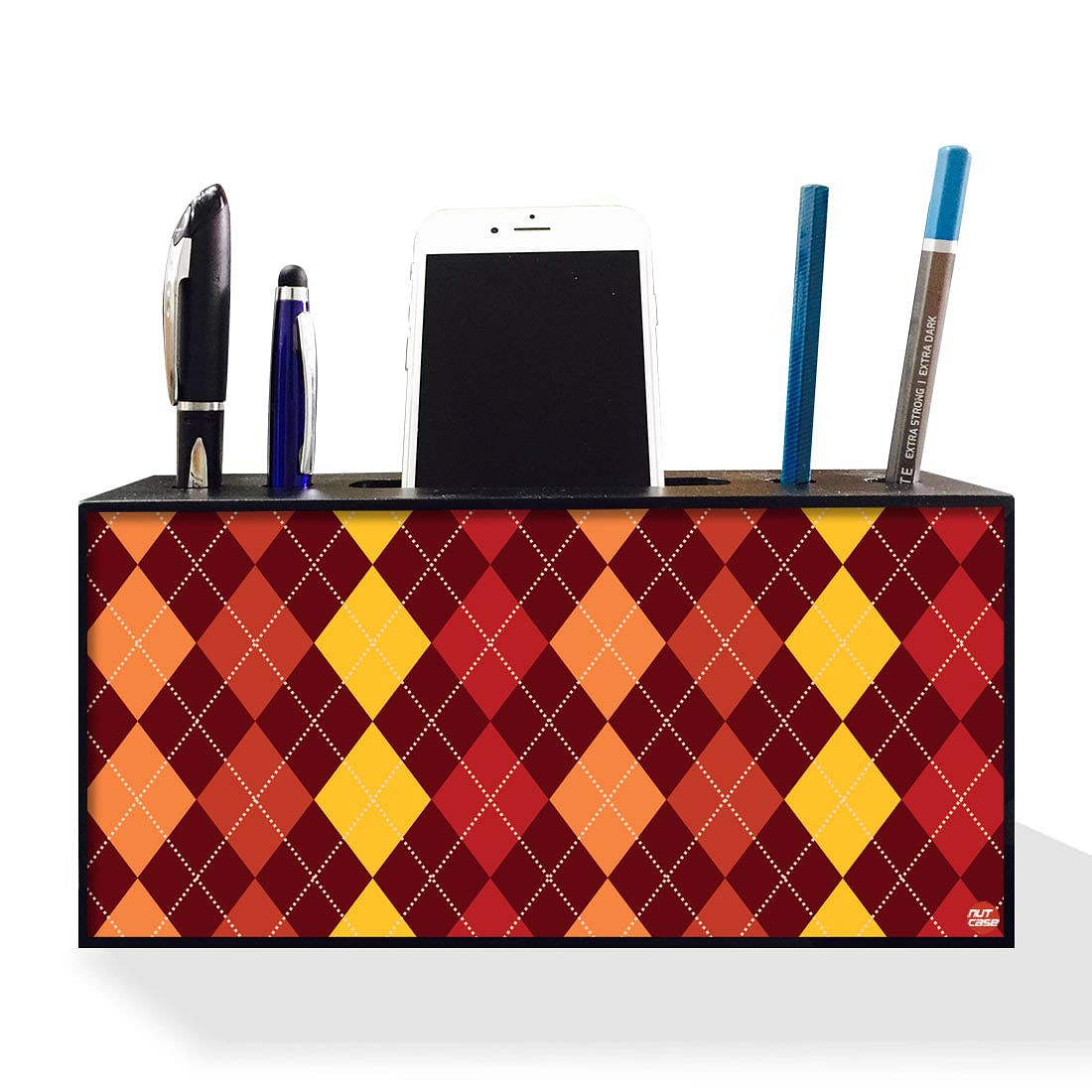 Pen Mobile Stand Holder Desk Organizer - Diamond Yellow And Red Nutcase