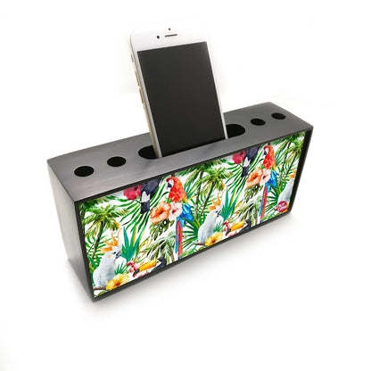 Pen Mobile Stand Holder Desk Organizer - Green Leaves With White Parrot Nutcase