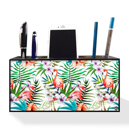 Pen Mobile Stand Holder Desk Organizer - Flamingos With White Flower Nutcase