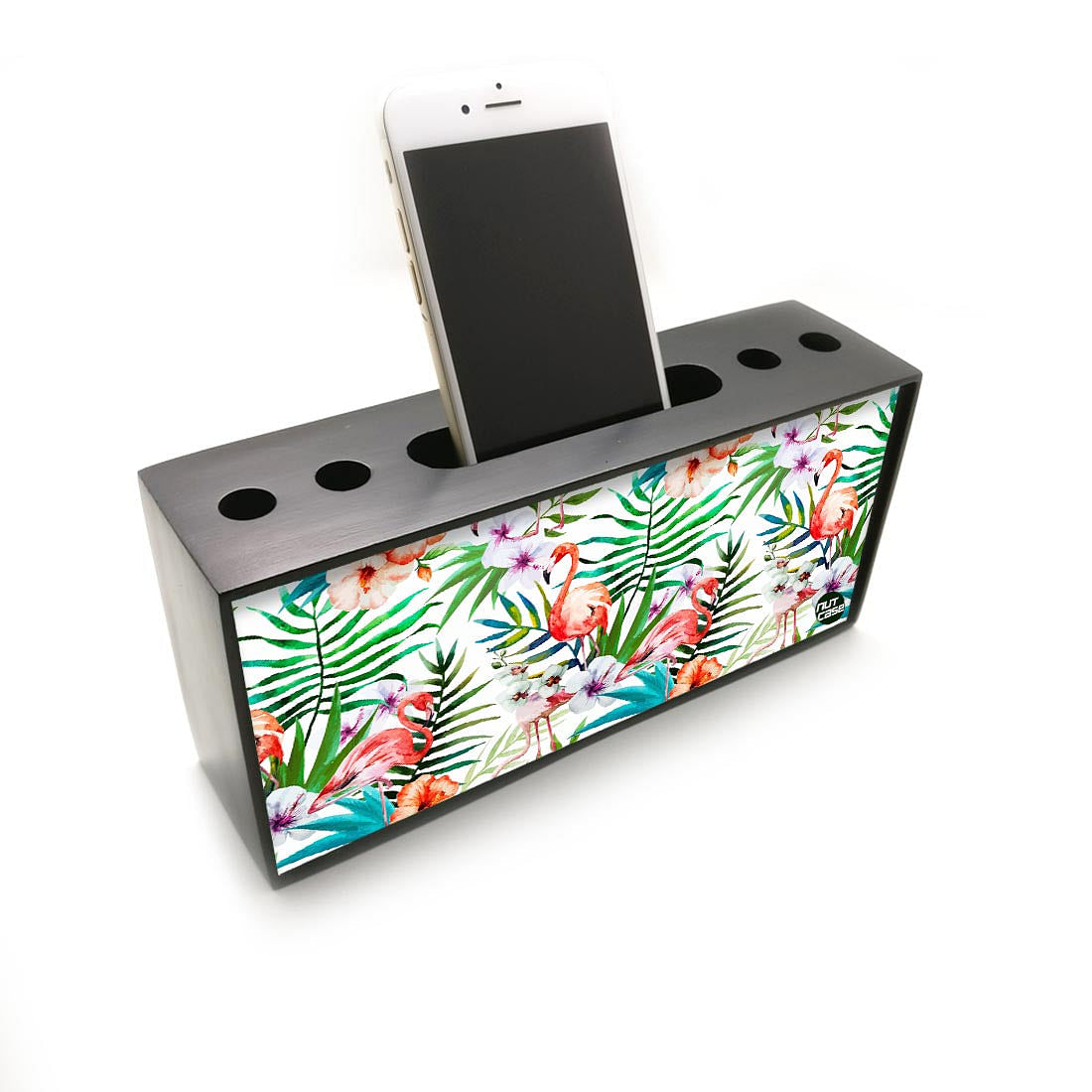 Pen Mobile Stand Holder Desk Organizer - Flamingos With White Flower Nutcase