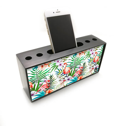 Pen Mobile Stand Holder Desk Organizer - Flamingos With White Flower Nutcase