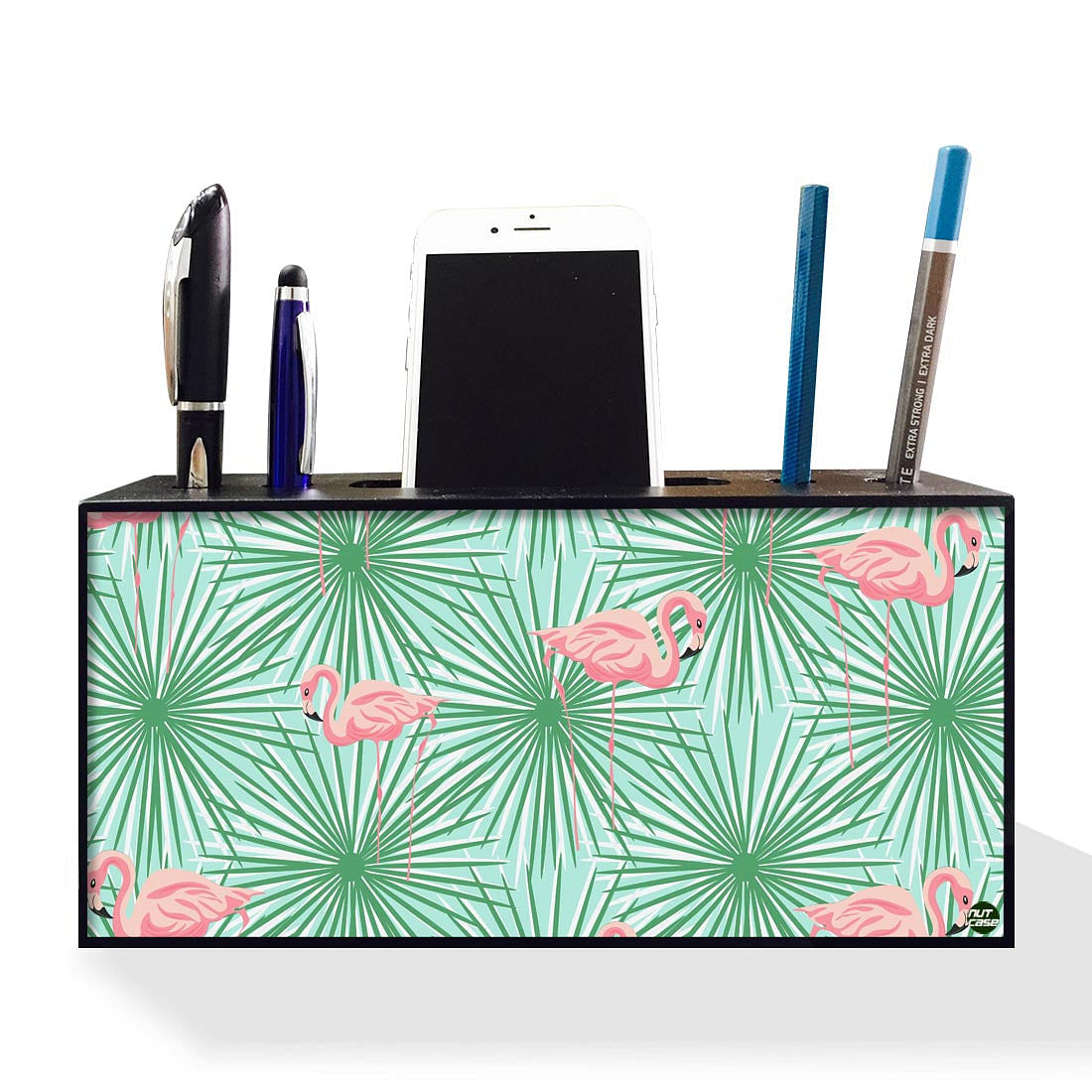 Pen Mobile Stand Holder Desk Organizer - Flamingos With Leaves Nutcase