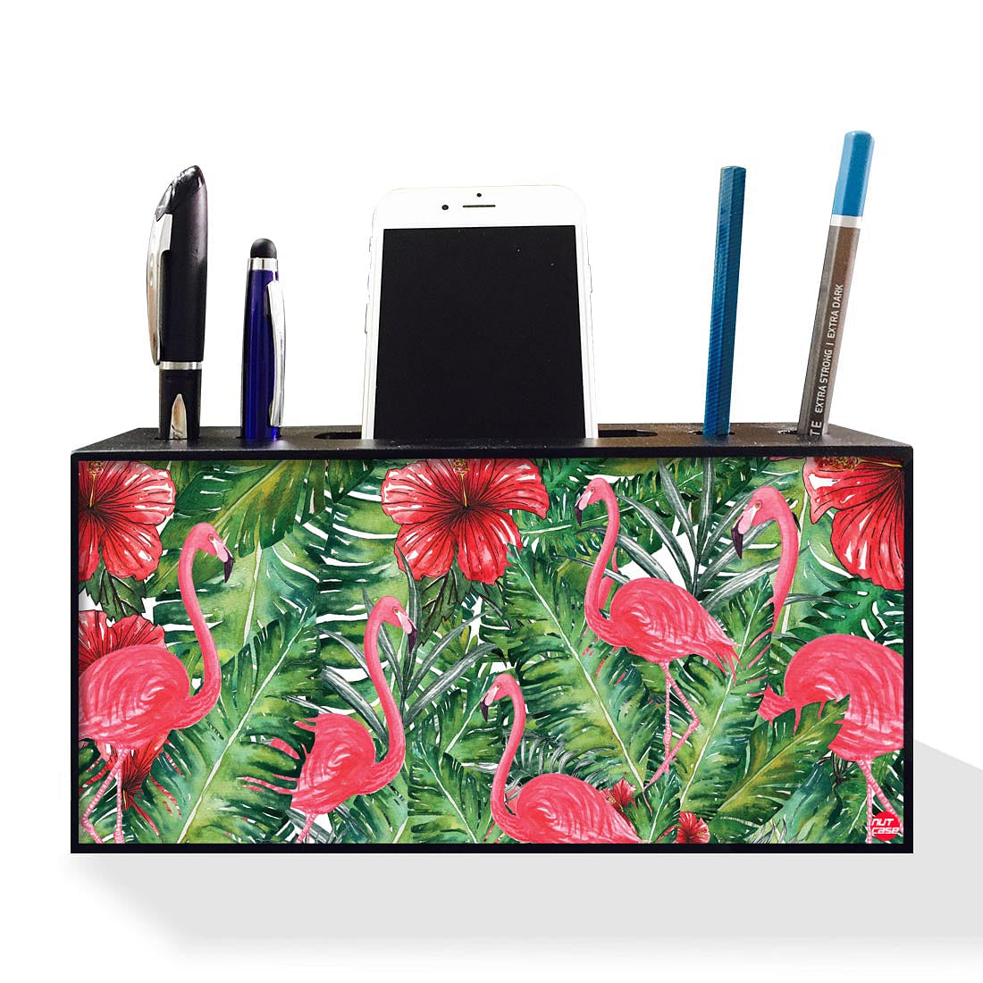 Pen Mobile Stand Holder Desk Organizer - Flamingos With Red Flower Nutcase