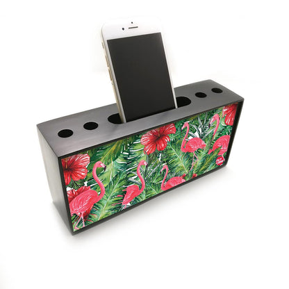 Pen Mobile Stand Holder Desk Organizer - Flamingos With Red Flower Nutcase