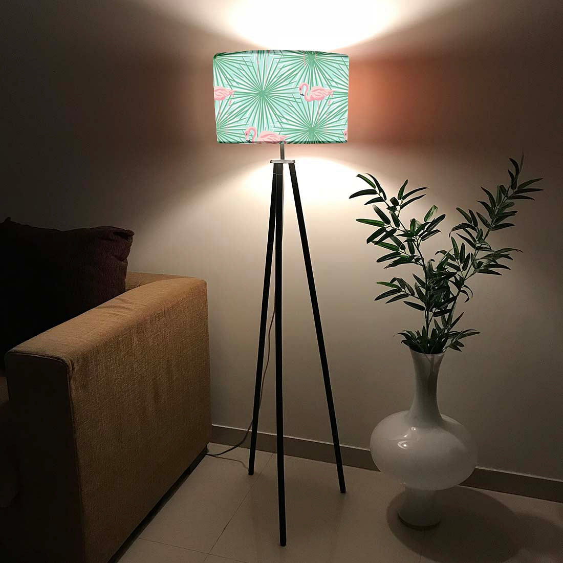 Tripod Standing Floor Lamp -Flamingo Green Leaves Nutcase