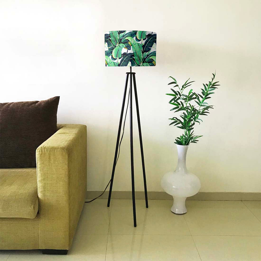 Tripod Standing Floor Lamp for Bedroom - Green Leaves Nutcase