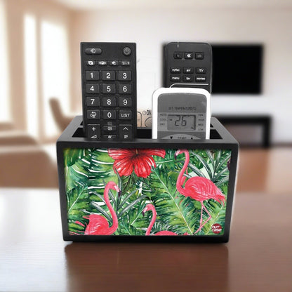 Floral Tv Remote Holder For TV / AC Remotes -  Hibiscus Leaves With Flamingo Nutcase