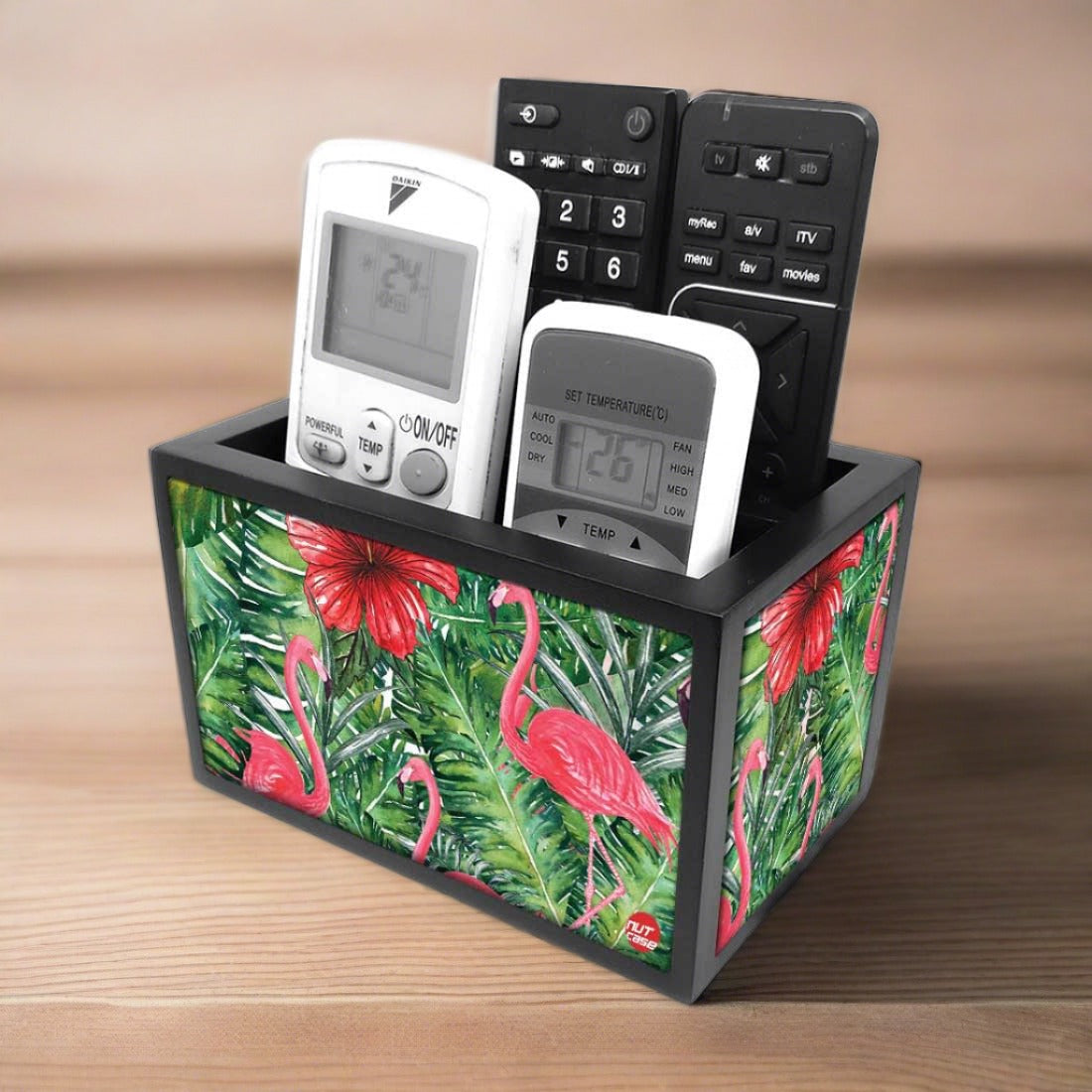 Floral Tv Remote Holder For TV / AC Remotes -  Hibiscus Leaves With Flamingo Nutcase