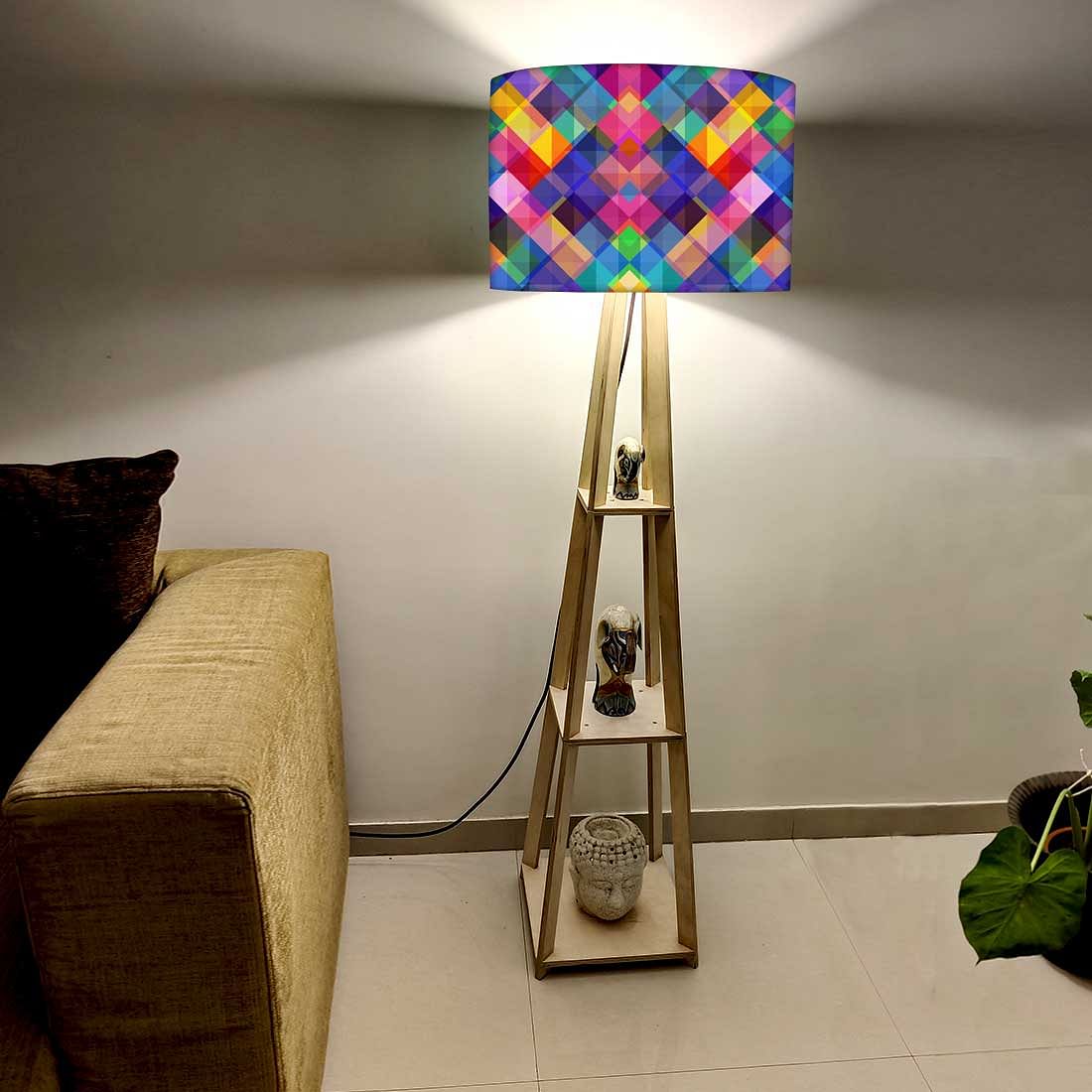 Wooden Tripod Floor Lamp for Living Room - Multicolor Burlap Nutcase