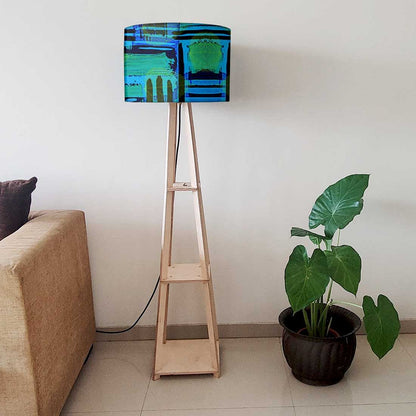 Wooden Tripod Floor Lamp - Blue Abstract Nutcase