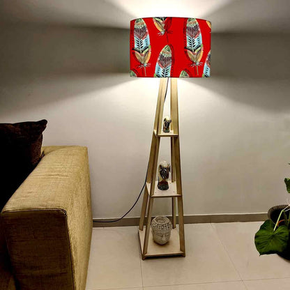 Red Tripod Floor Lamp with Shelf for Bedroom - Feather Nutcase