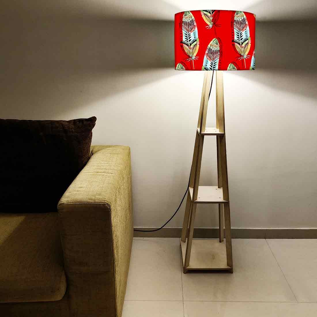 Red Tripod Floor Lamp with Shelf for Bedroom - Feather Nutcase