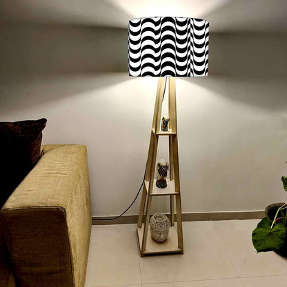 Wooden Corner Floor Lamp with Shelf - Black Waves Nutcase