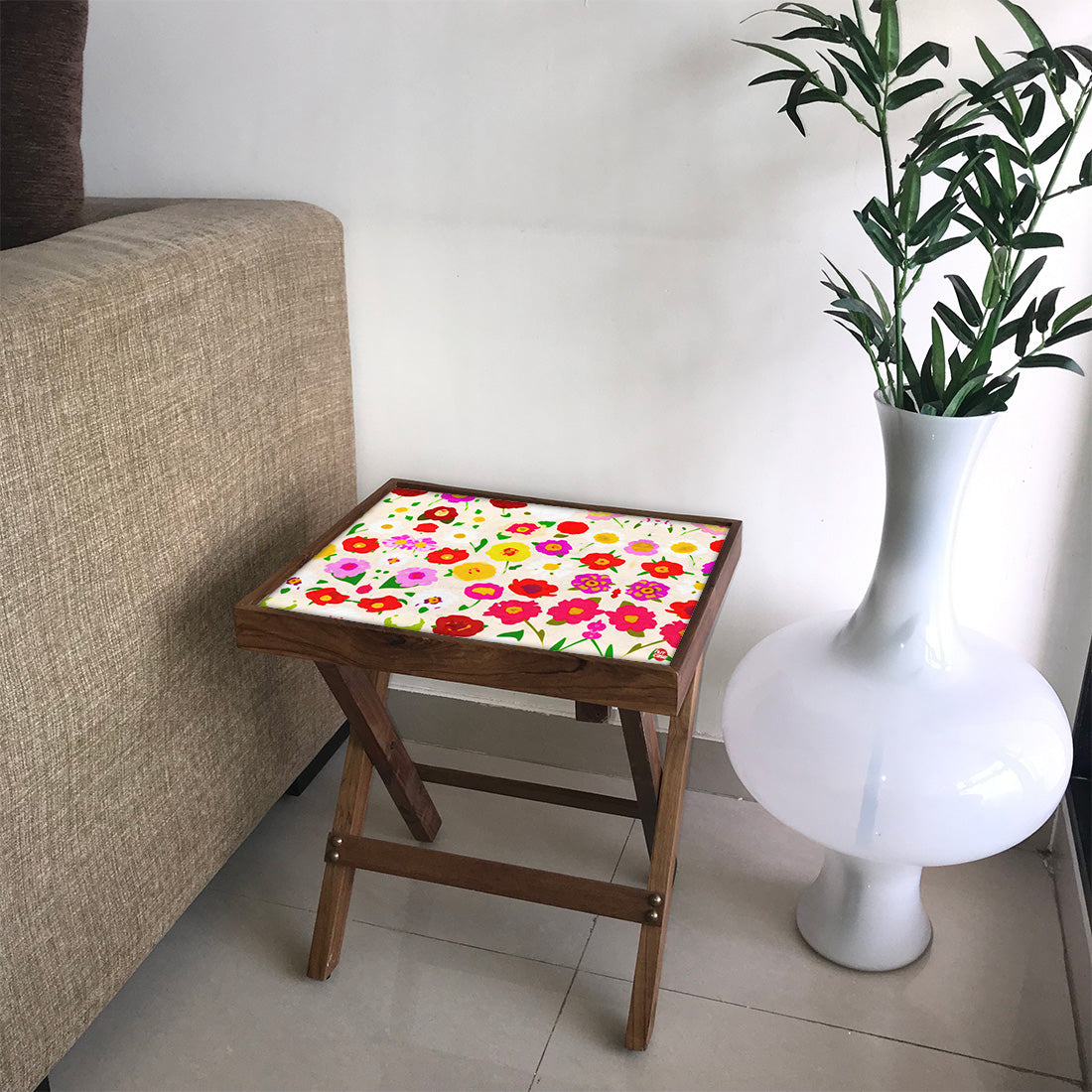 Wooden Side Table for Bedroom Decor - Colorful Flower