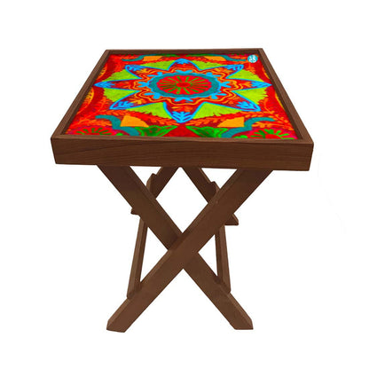 Nutcase Folding Printed Side Table - Teak Wood -Indian Flower Nutcase