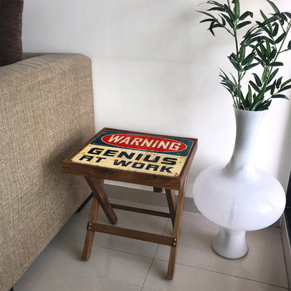 Folding Side Table - Teak Wood -Warning Genius At Work