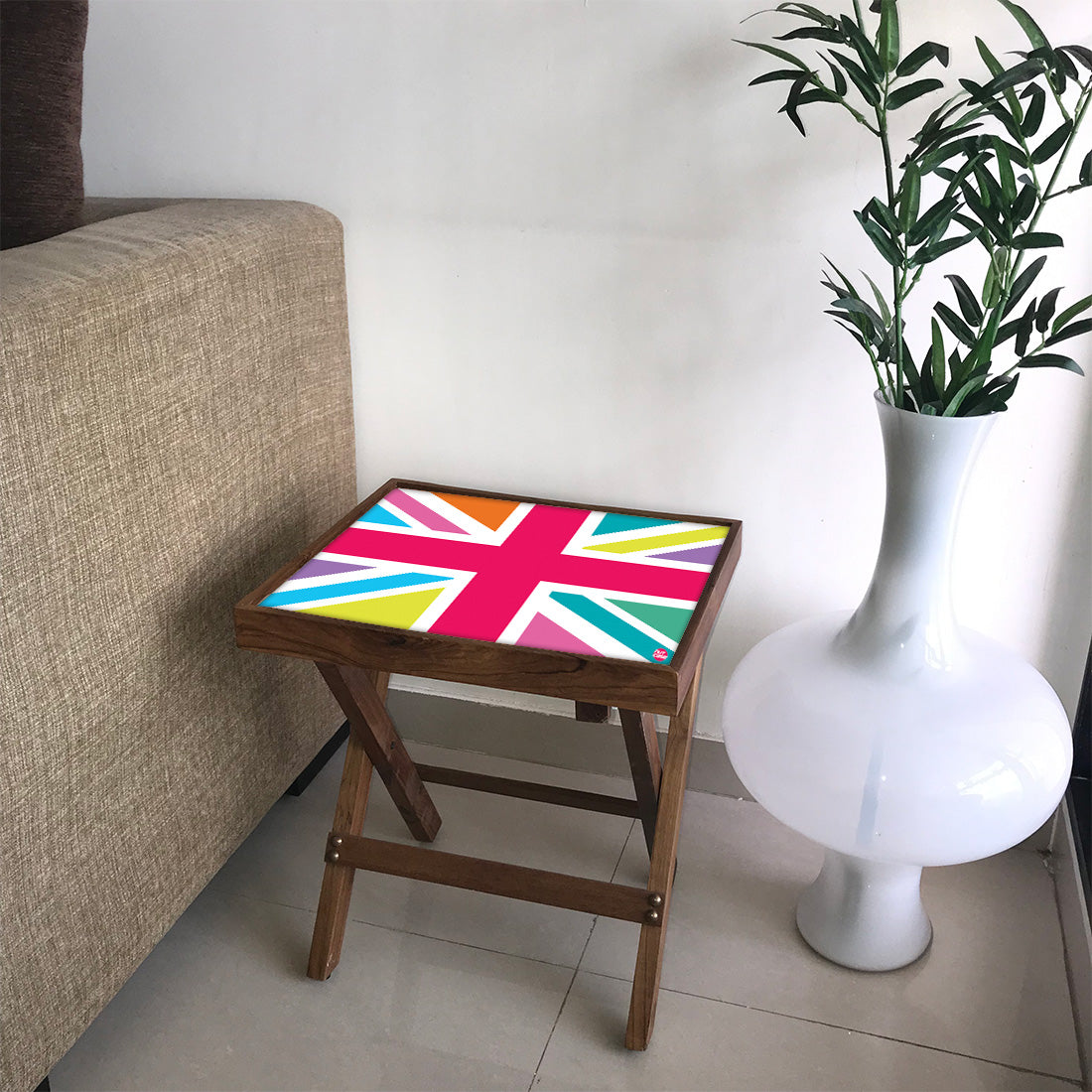 Folding Side Table - Teak Wood -Colorful Strips