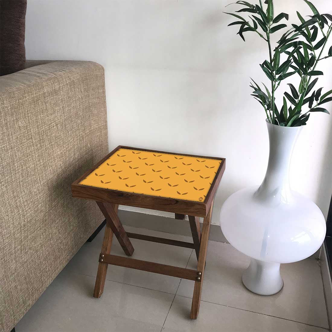 Nutcase Folding Wooden Side Table - Teak Wood -Mustard