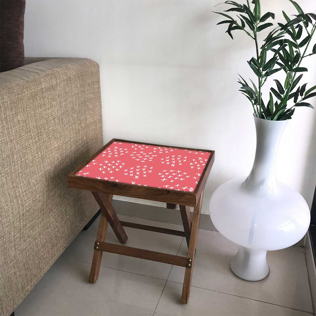 Folding Side Table Decor - Teak Wood -Cute Pink