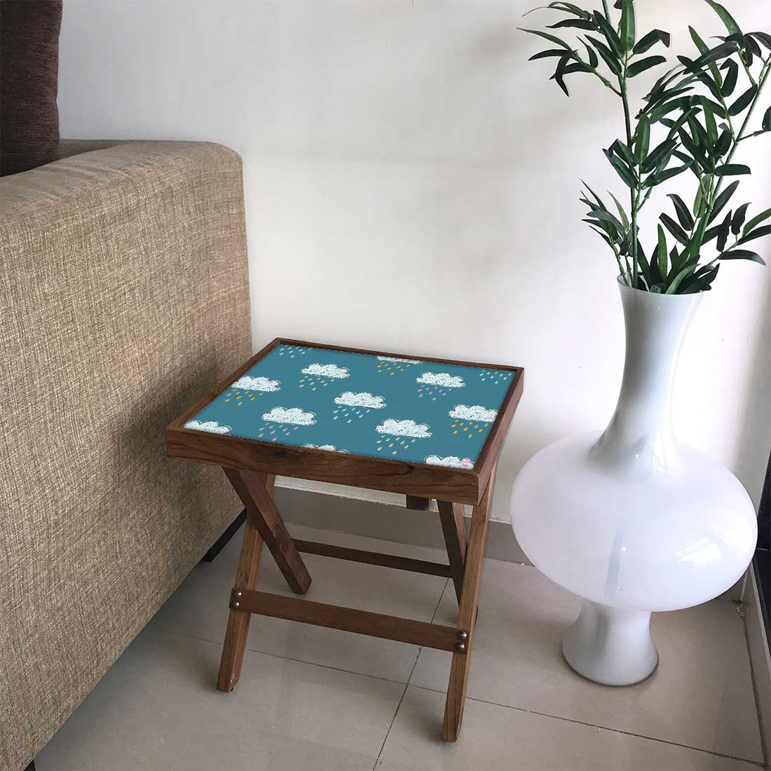 Folding Side Table for Bedroom - Teak Wood - Cloudbarry