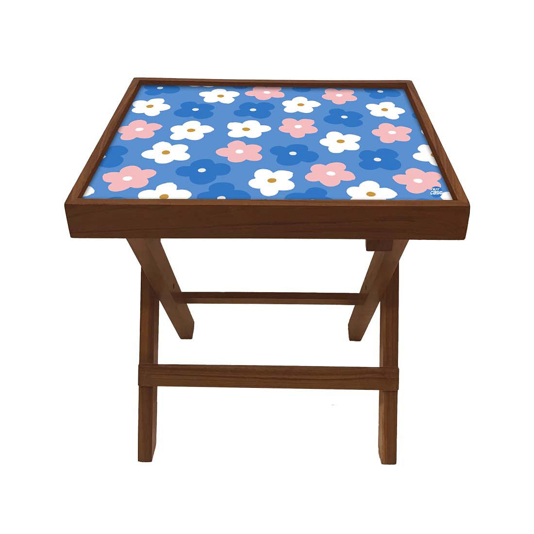 Nutcase Folding Side Table - Teak Wood -Cute Flower Blue Nutcase