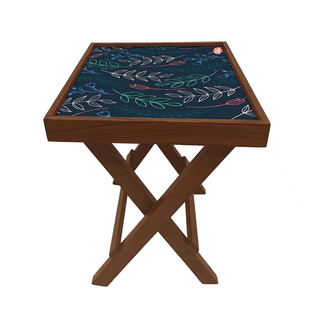 Folding Side Table - Teak Wood -Cute Twigs Blue Nutcase