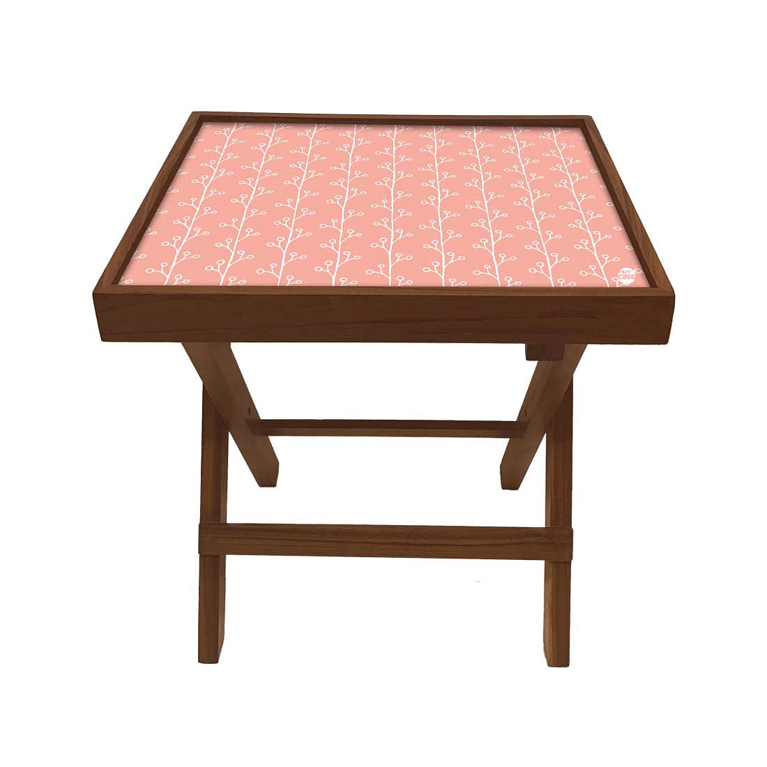 Folding Side Table - Teak Wood -Peach Patten Nutcase