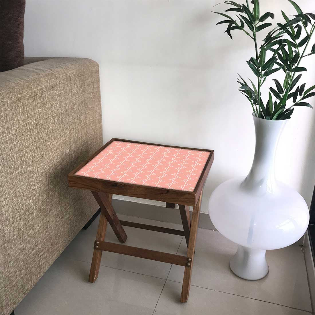 Folding Side Table - Teak Wood -Peach Patten