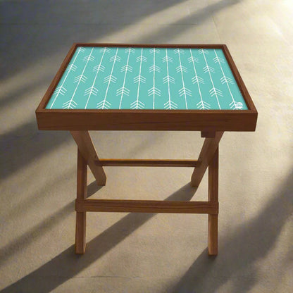 Folding Side Table - Teak Wood -Light Blue Arrow Nutcase