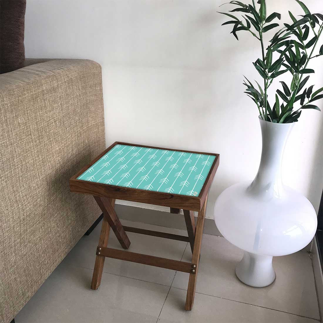 Folding Side Table - Teak Wood -Light Blue Arrow