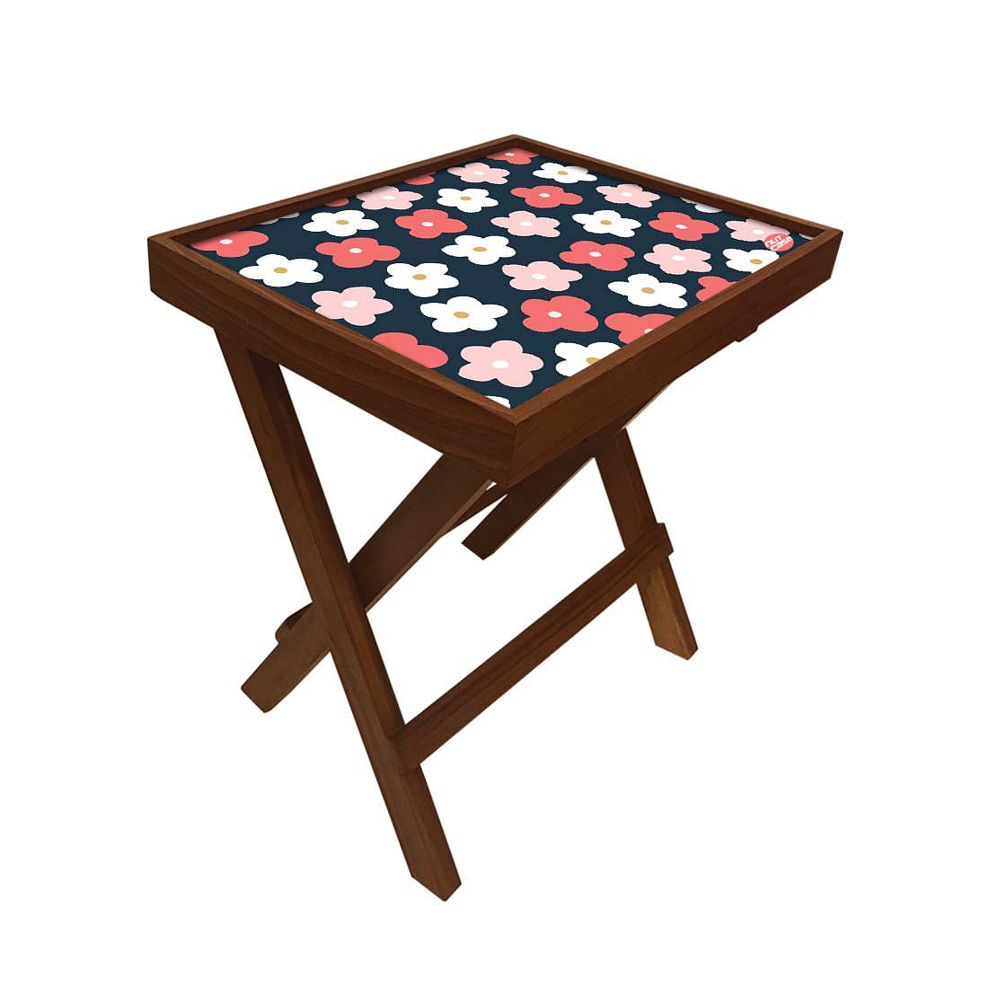 Folding Side Table - Teak Wood -Cute Flower Pink And White Nutcase