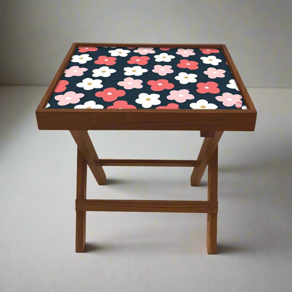 Folding Side Table - Teak Wood -Cute Flower Pink And White Nutcase