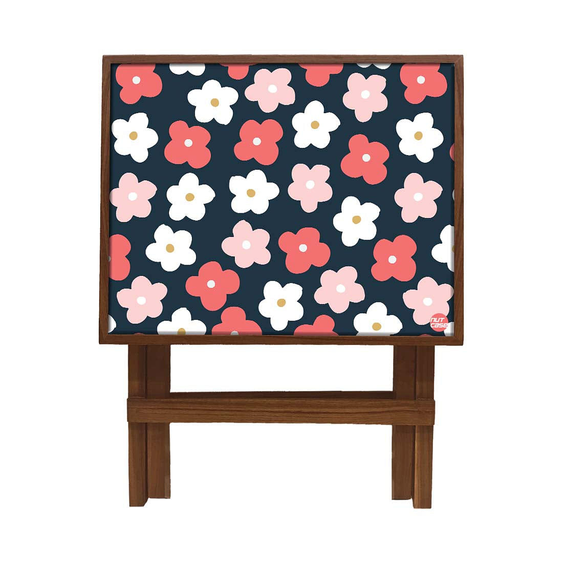Folding Side Table - Teak Wood -Cute Flower Pink And White Nutcase