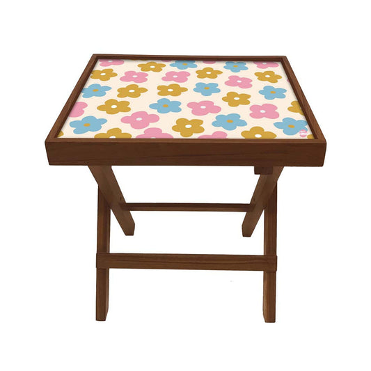 Folding Side Table - Teak Wood -Cute Flower Multicolor Nutcase