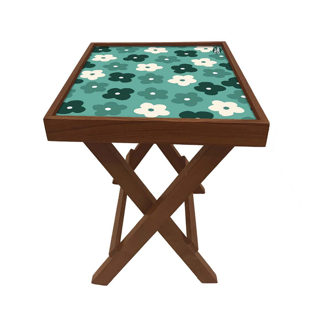Folding Side Table - Teak Wood -Cute Flower Green Nutcase