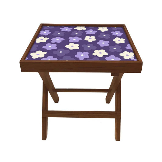 Folding Side Table - Teak Wood -Cute Flower Purple Nutcase