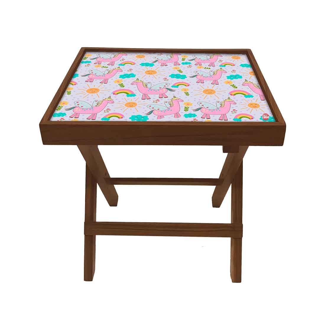 Folding Side Table - Teak Wood -Pink Unicorn Nutcase