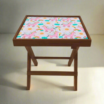 Folding Side Table - Teak Wood -Pink Unicorn Nutcase