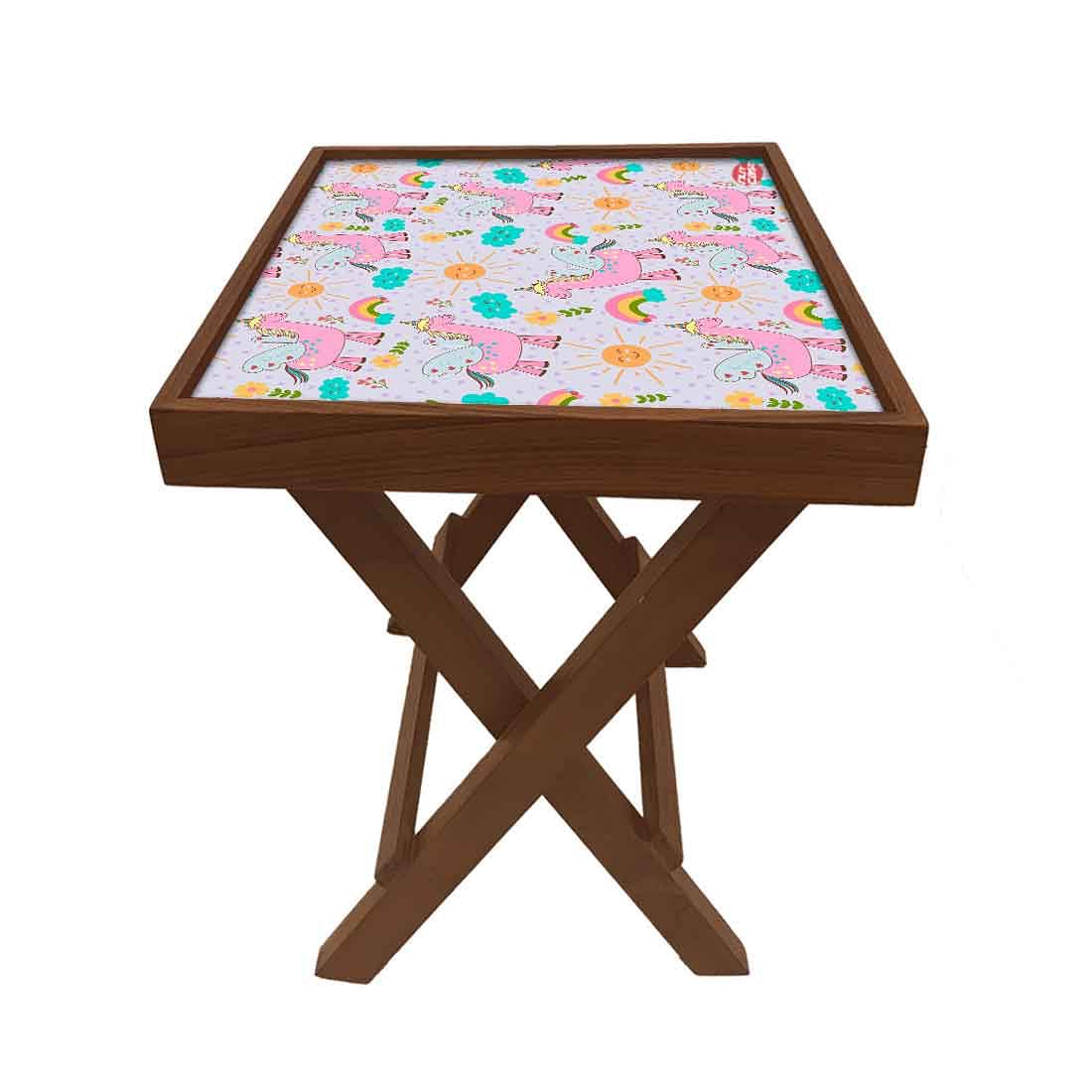 Folding Side Table - Teak Wood -Pink Unicorn Nutcase