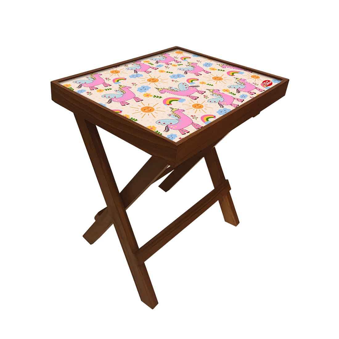 Folding Side Table - Teak Wood -Unicorn And Rainbow Nutcase